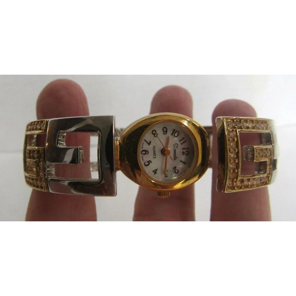 Guess Wrist Watch Vintage Goldtone Silver Rhinestone G Bangle Hidden Face Quartz
